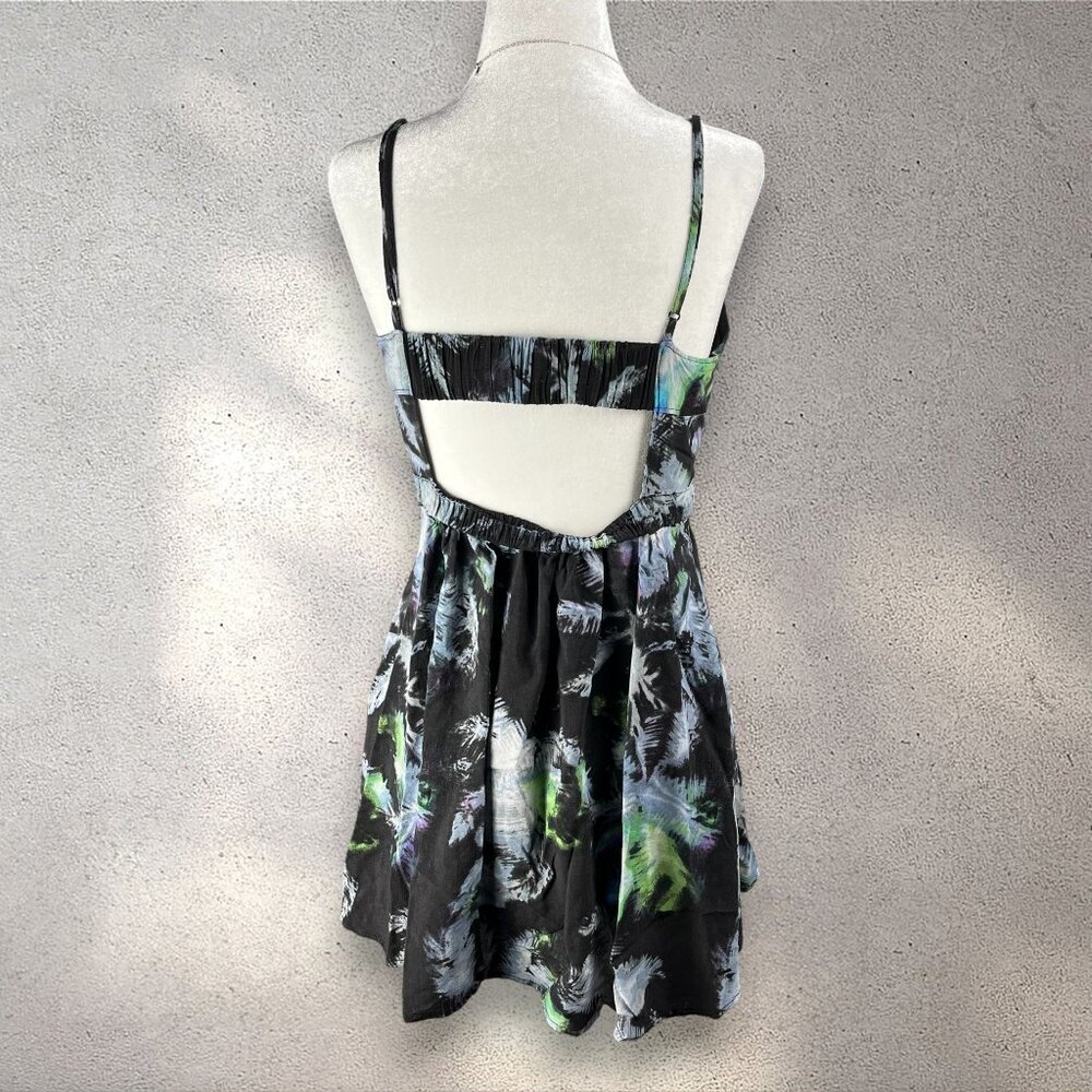 American Eagle Outfitters Dress Women’s M Black Tropical Print Mini Fit & Flare - Picture 2 of 7
